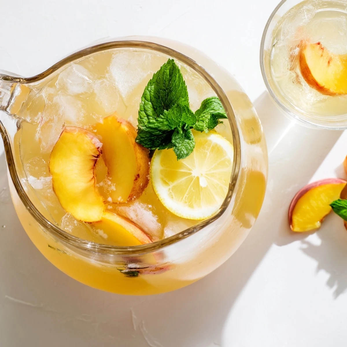 Refreshing summer peach lemonade drink displaying bright orange-yellow color with floating peach slices and lemon wheels