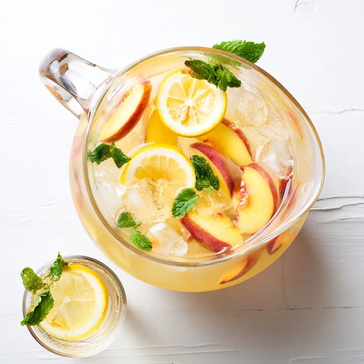 Golden fresh peach lemonade served in a clear glass with ice cubes and mint sprig garnish