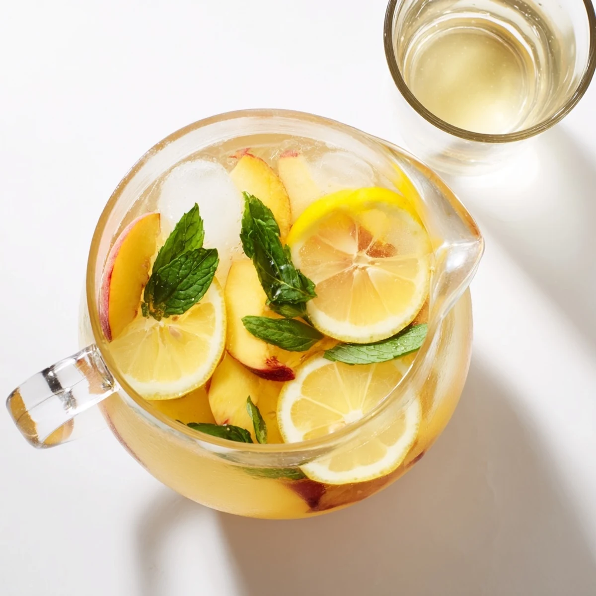 Tall glass filled with homemade fresh peach lemonade over ice topped with fresh fruit and vibrant green mint