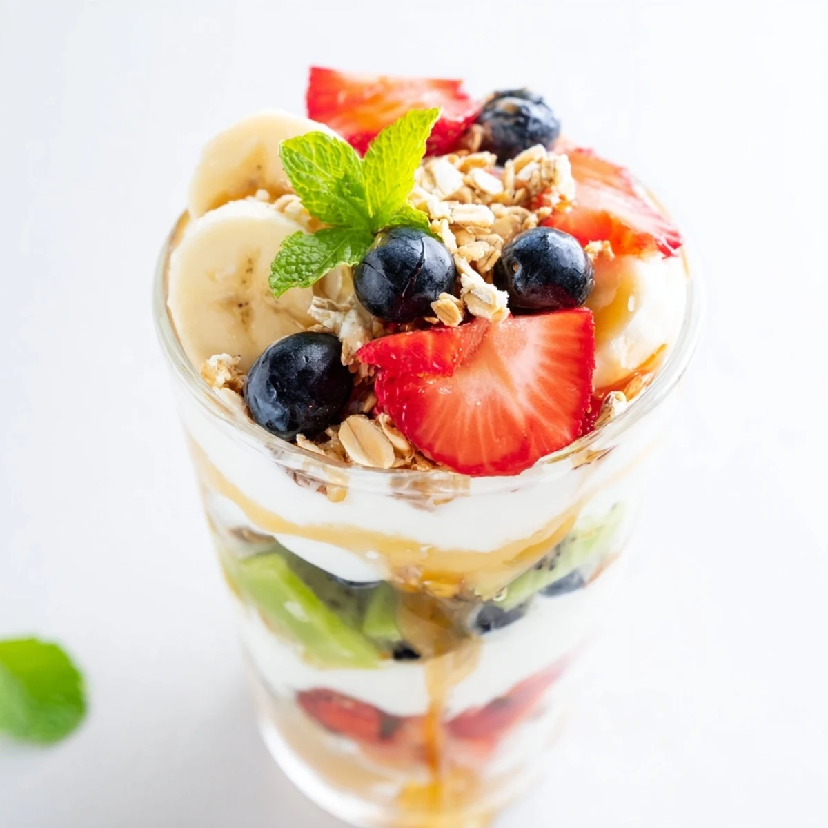 Layered yogurt parfait recipe with honey drizzled over fresh strawberries, blueberries, kiwi, and banana slices