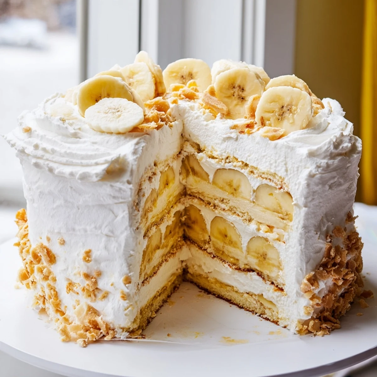 Tall layered banana pudding cake topped with fluffy whipped cream and scattered vanilla wafer crumbs on white plate