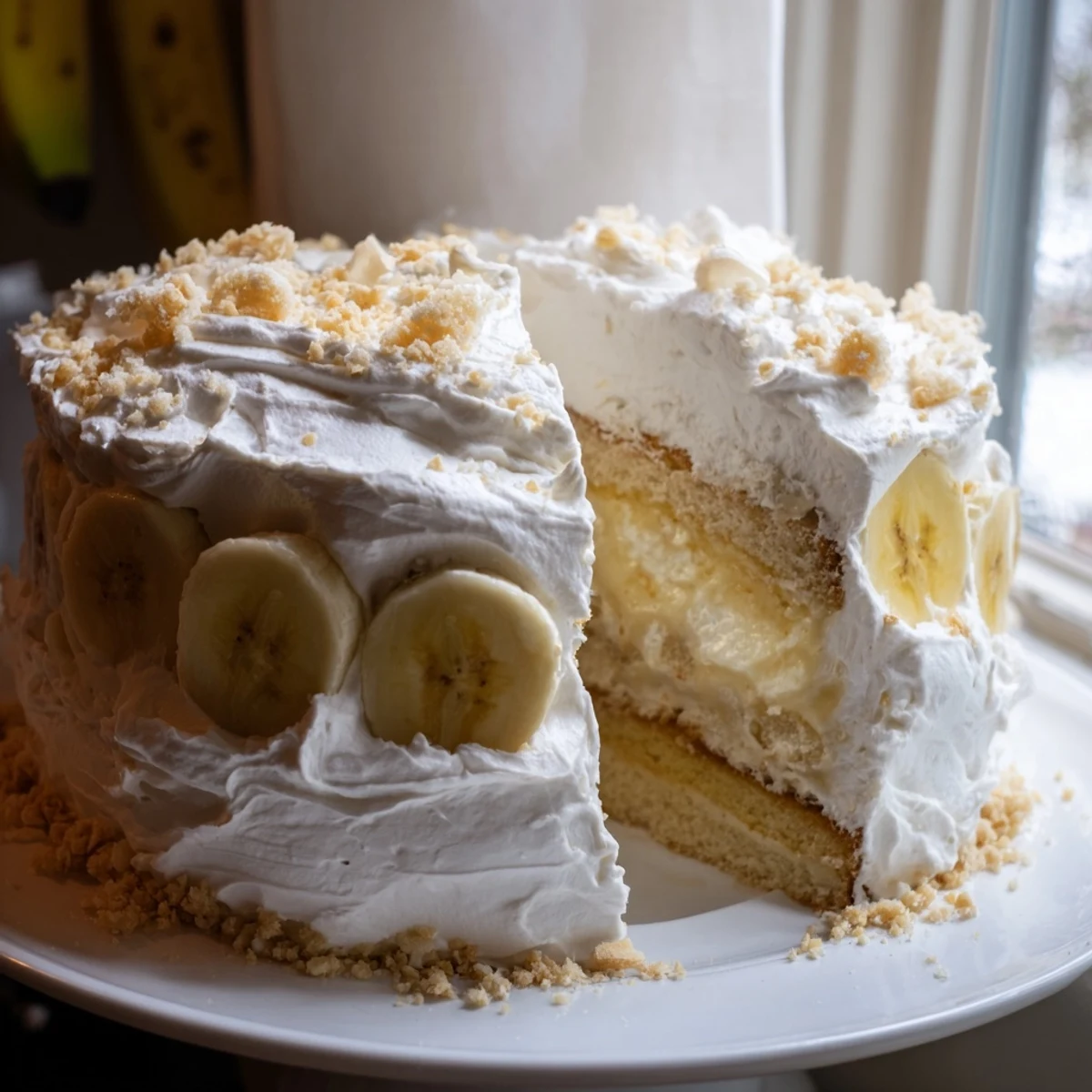 Golden banana pudding cake slice revealing creamy vanilla filling and fresh banana layers between moist yellow cake