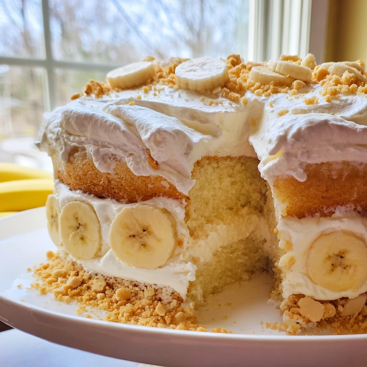 Close up of banana pudding cake showing cross section of pudding cream and sliced bananas inside tender crumb