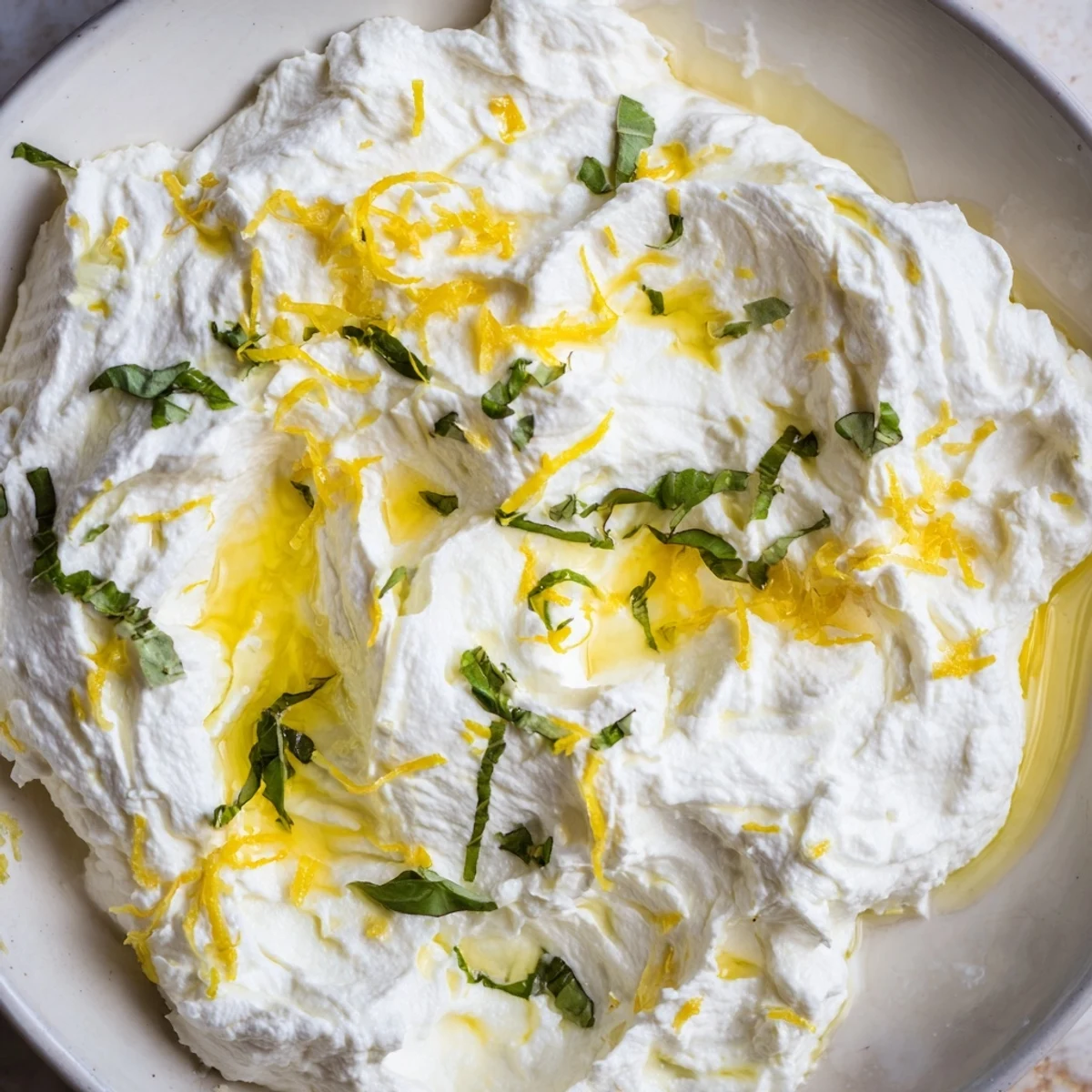 Creamy whipped ricotta topped with fresh herbs and lemon zest served in a rustic bowl