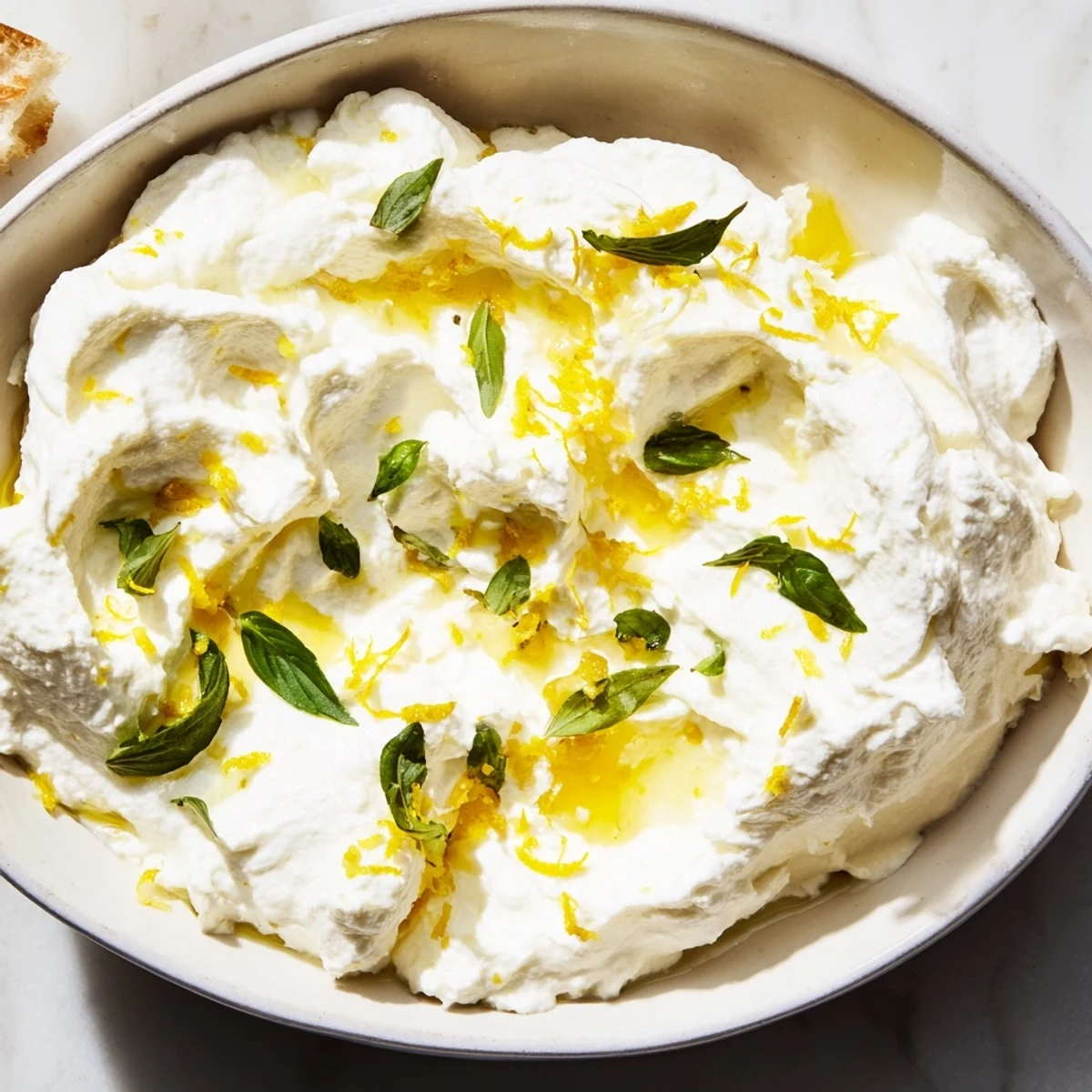 Fluffy whipped ricotta appetizer drizzled with golden honey and olive oil on a wooden board
