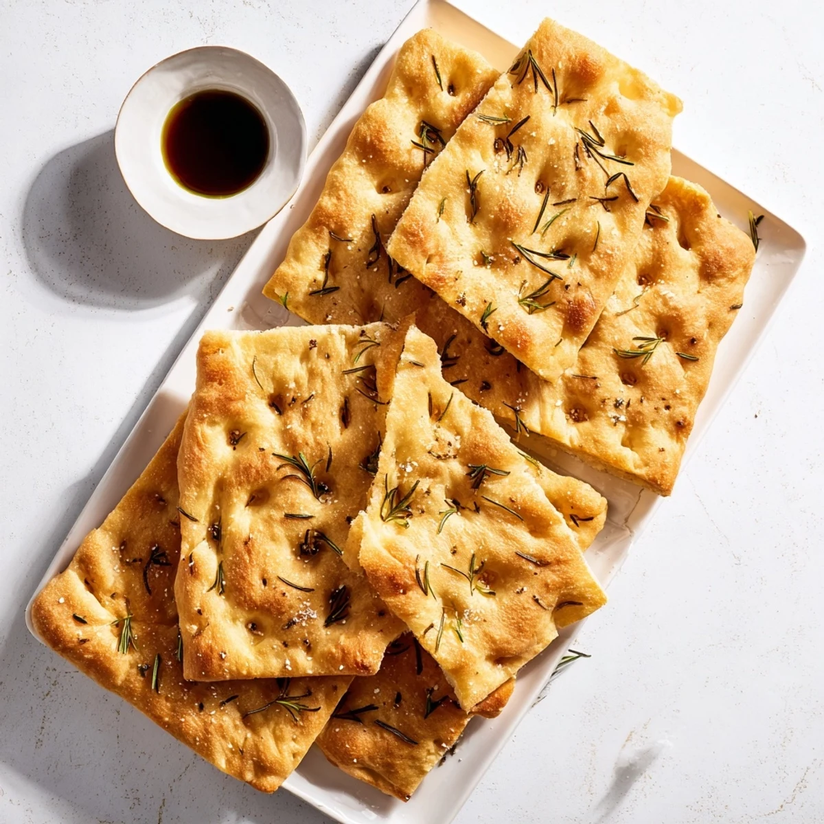 Golden homemade focaccia bread topped with fresh rosemary and sea salt