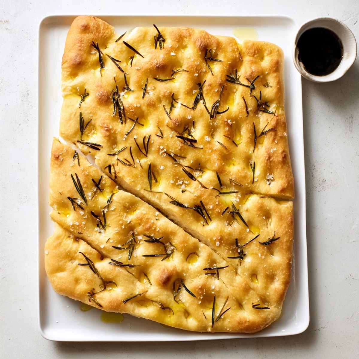 Oven-baked Italian focaccia with dimpled surface and olive oil drizzle