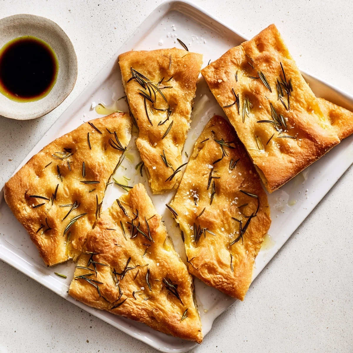 Crispy focaccia flatbread sprinkled with flaky salt and fragrant herbs