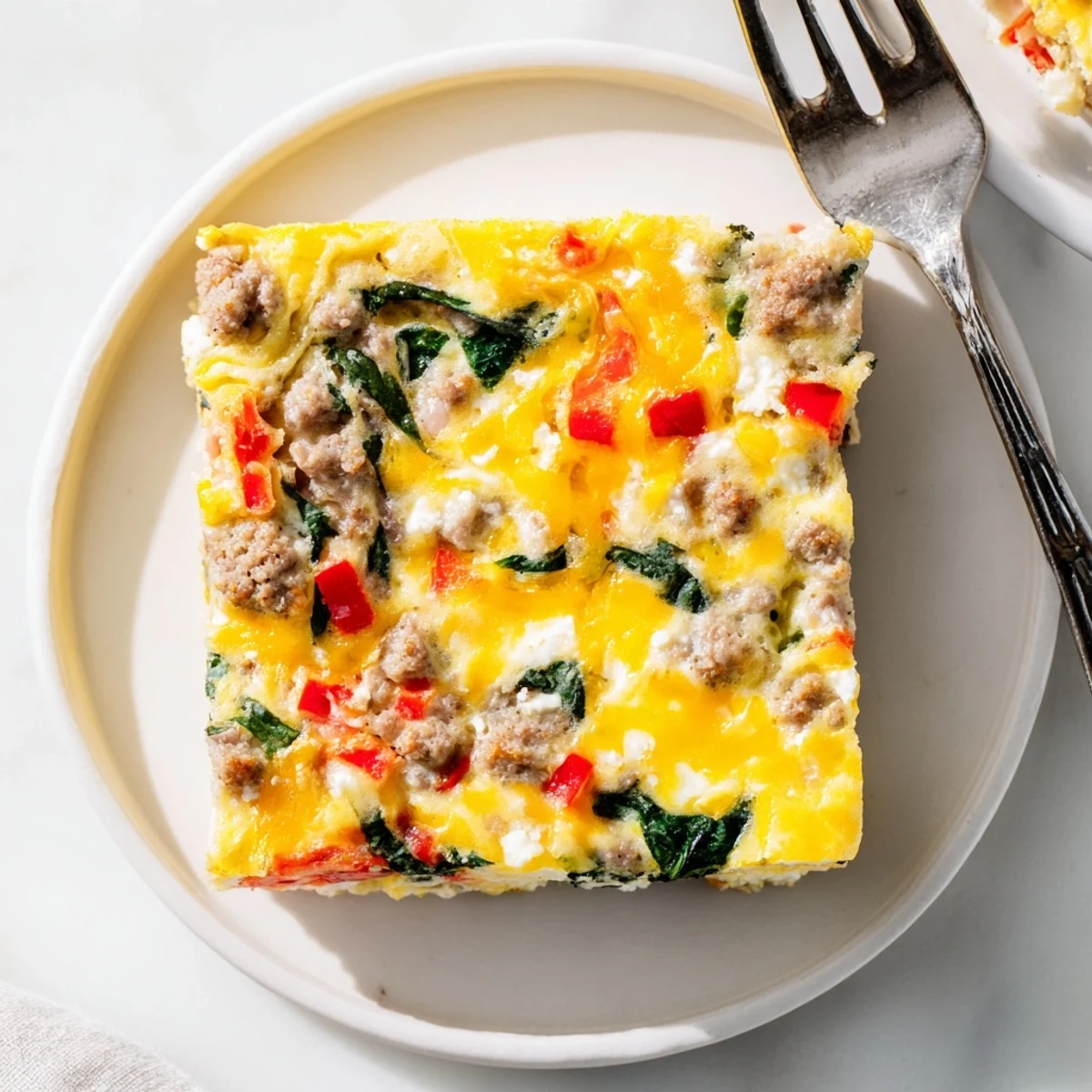 Sliced breakfast high protein egg casserole featuring fluffy eggs, vegetables, and cheesy topping