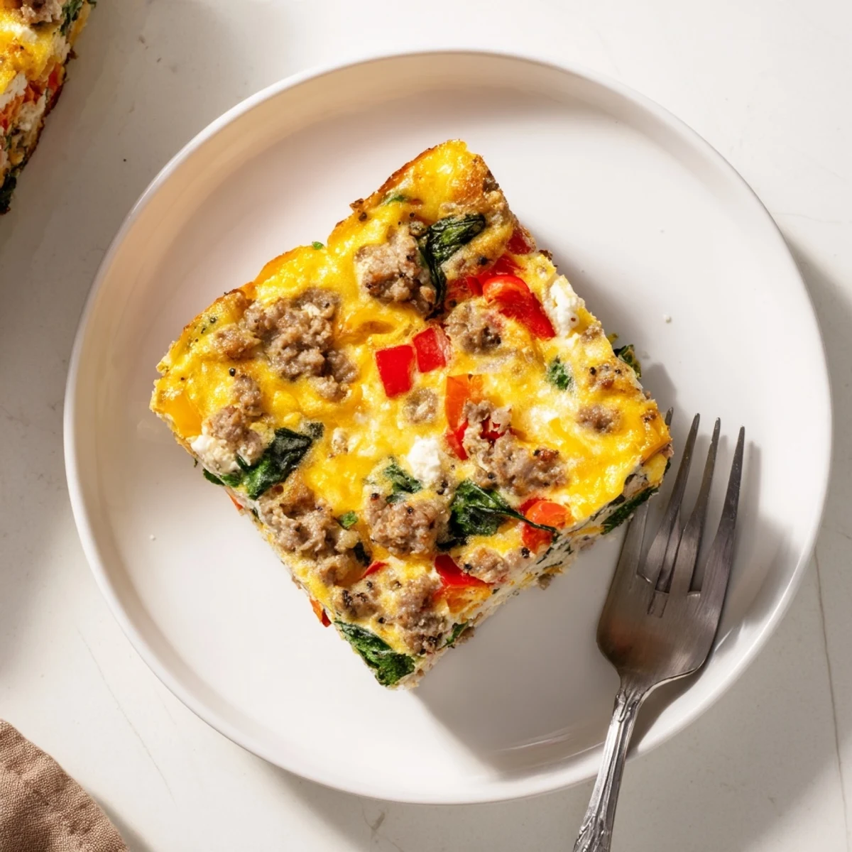 Golden high protein egg casserole with melted cheddar, colorful peppers, spinach, and sausage