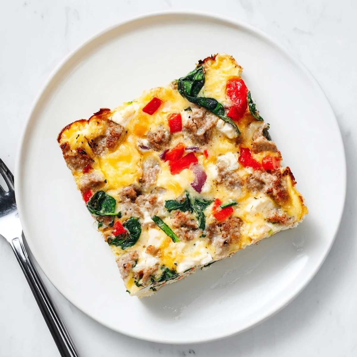 Baked high protein egg casserole in a white dish with vibrant red and green vegetables