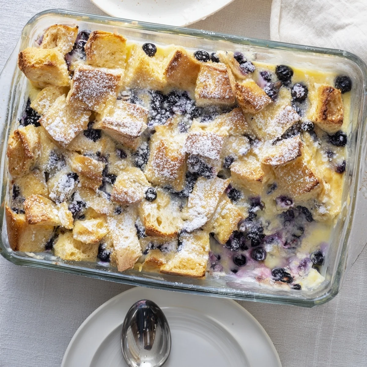 Golden baked blueberry cream cheese croissant casserole topped with powdered sugar and fresh blueberries
