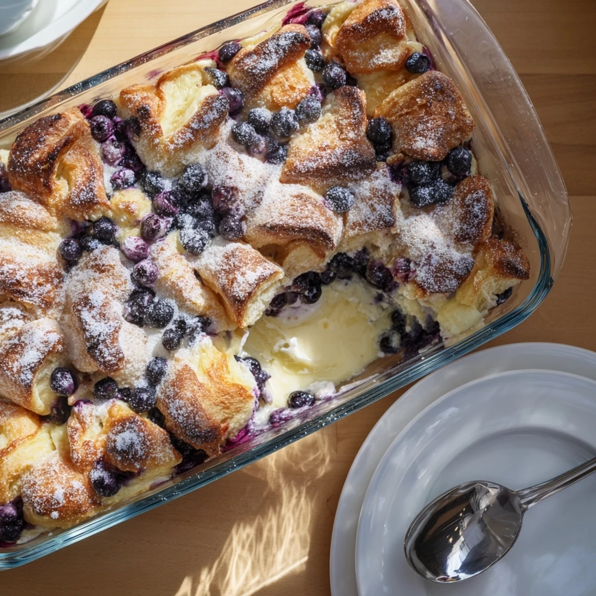 Buttery croissant breakfast bake layered with sweet cream cheese swirls and juicy blueberry bursts