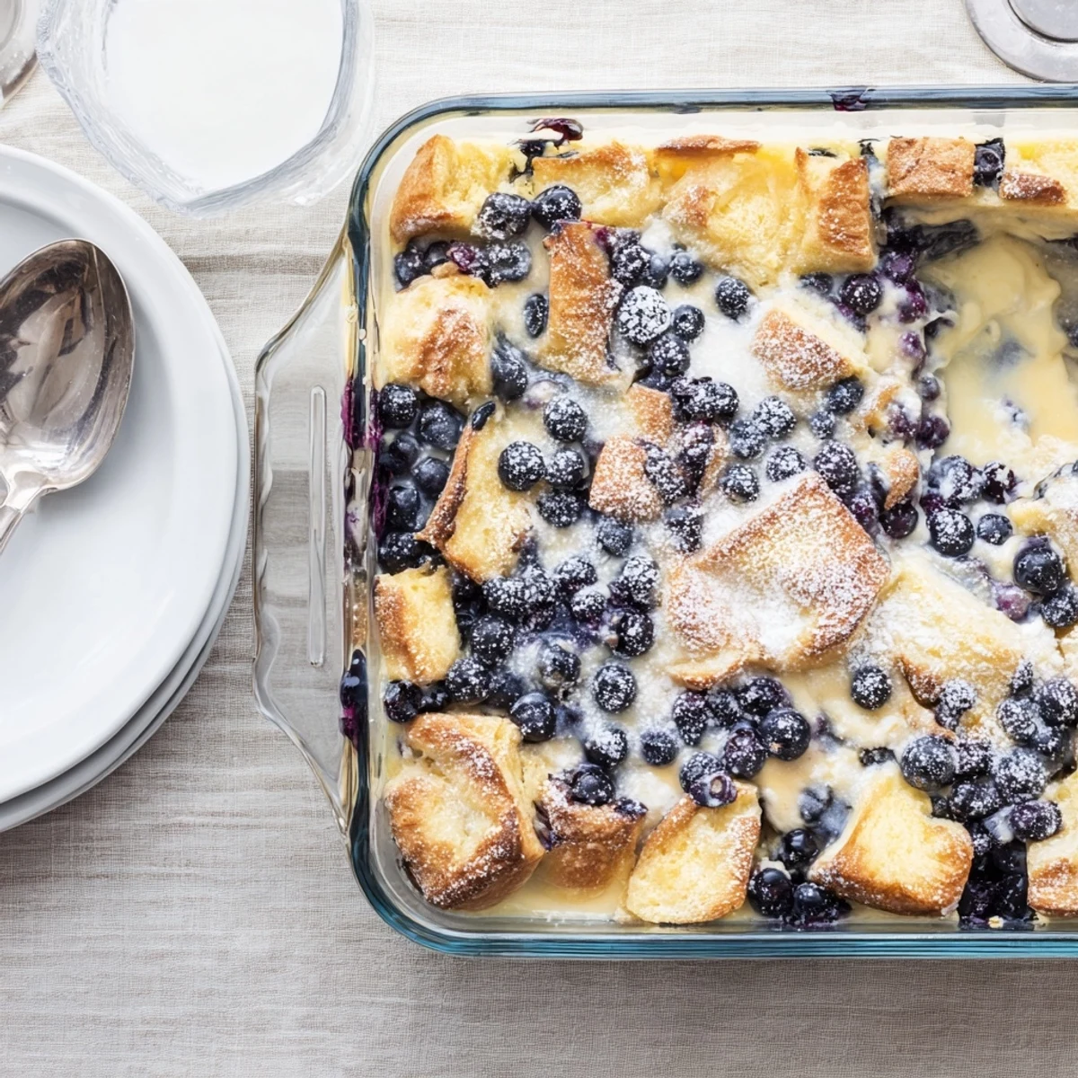 Overnight breakfast casserole featuring flaky croissants, creamy vanilla filling, and scattered blueberry topping