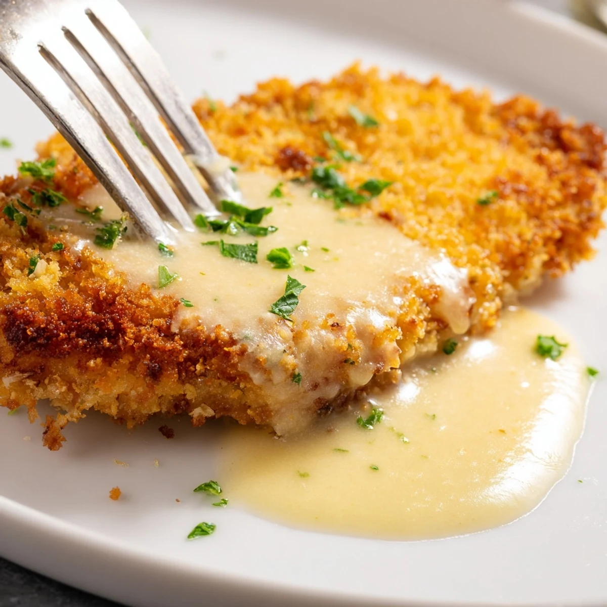 Pan-seared Crispy Chicken Creamy Sauce Recipe served over mashed potatoes, parsley