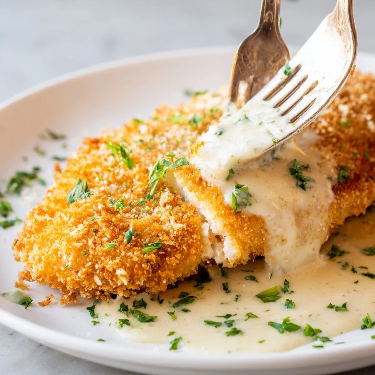 Crispy Chicken Creamy Sauce Recipe on a plate, golden crust and glossy sauce