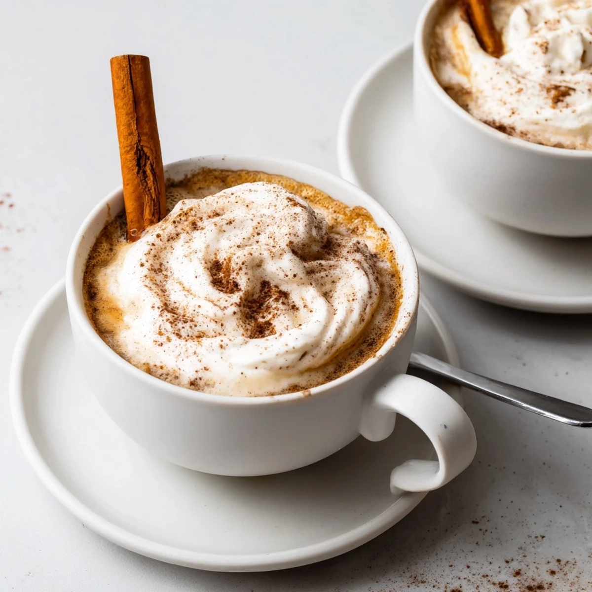 Two steaming Cozy Winter Lattes with frothy cream and cinnamon dusting