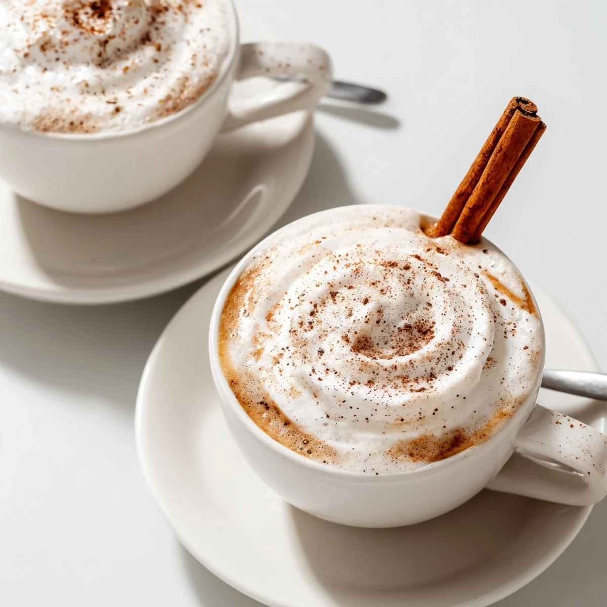 Warm Cozy Winter Lattes garnished with cinnamon stick and whipped cream