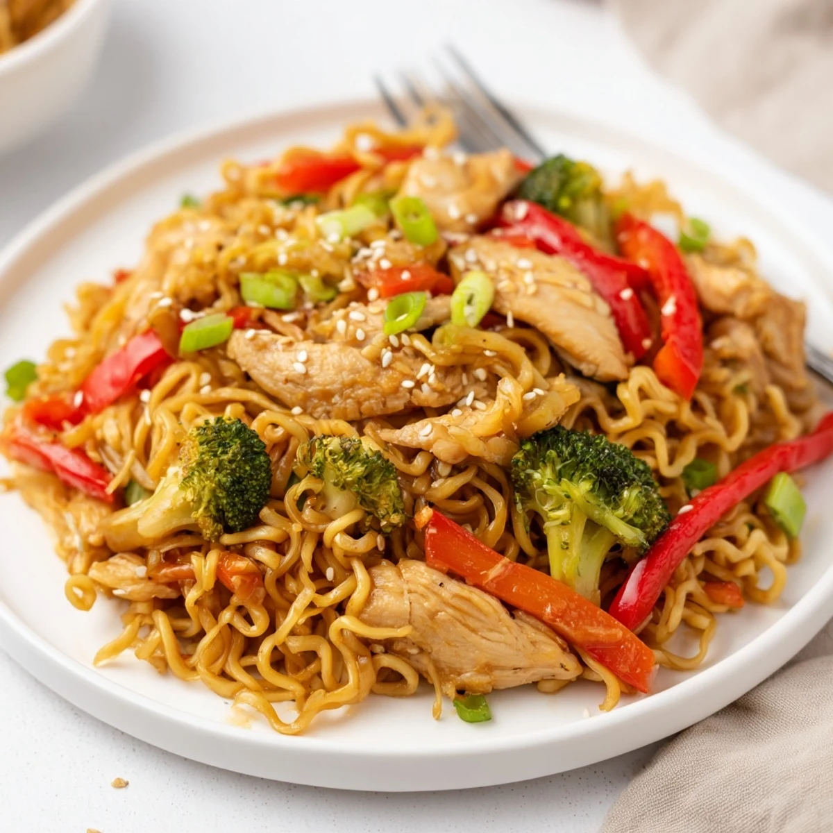 Hearty Chicken Ramen Stir Fry showcasing tender noodles, honeyed soy sauce glaze