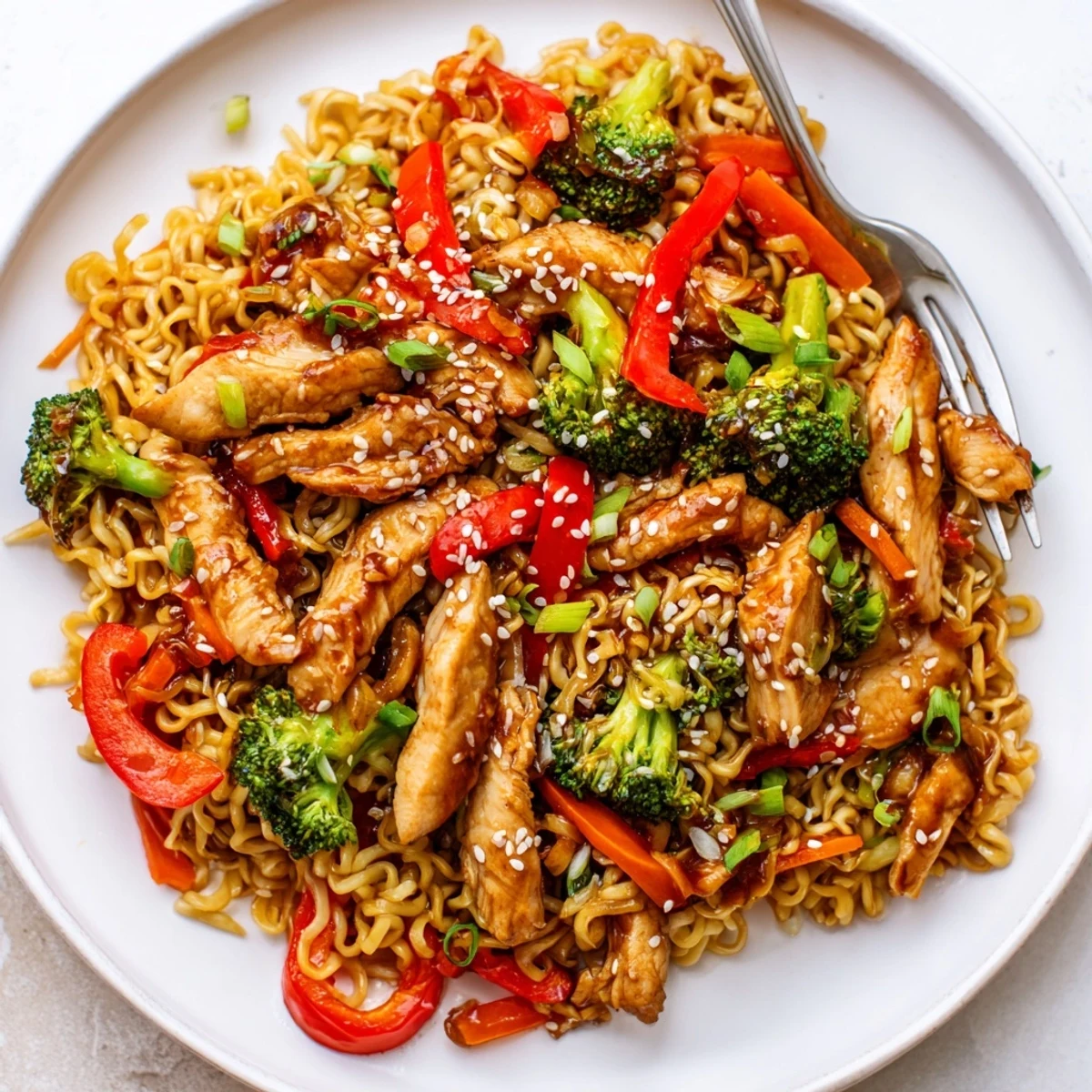Chicken Ramen Stir Fry served steaming in a wok, sesame seeds sprinkled