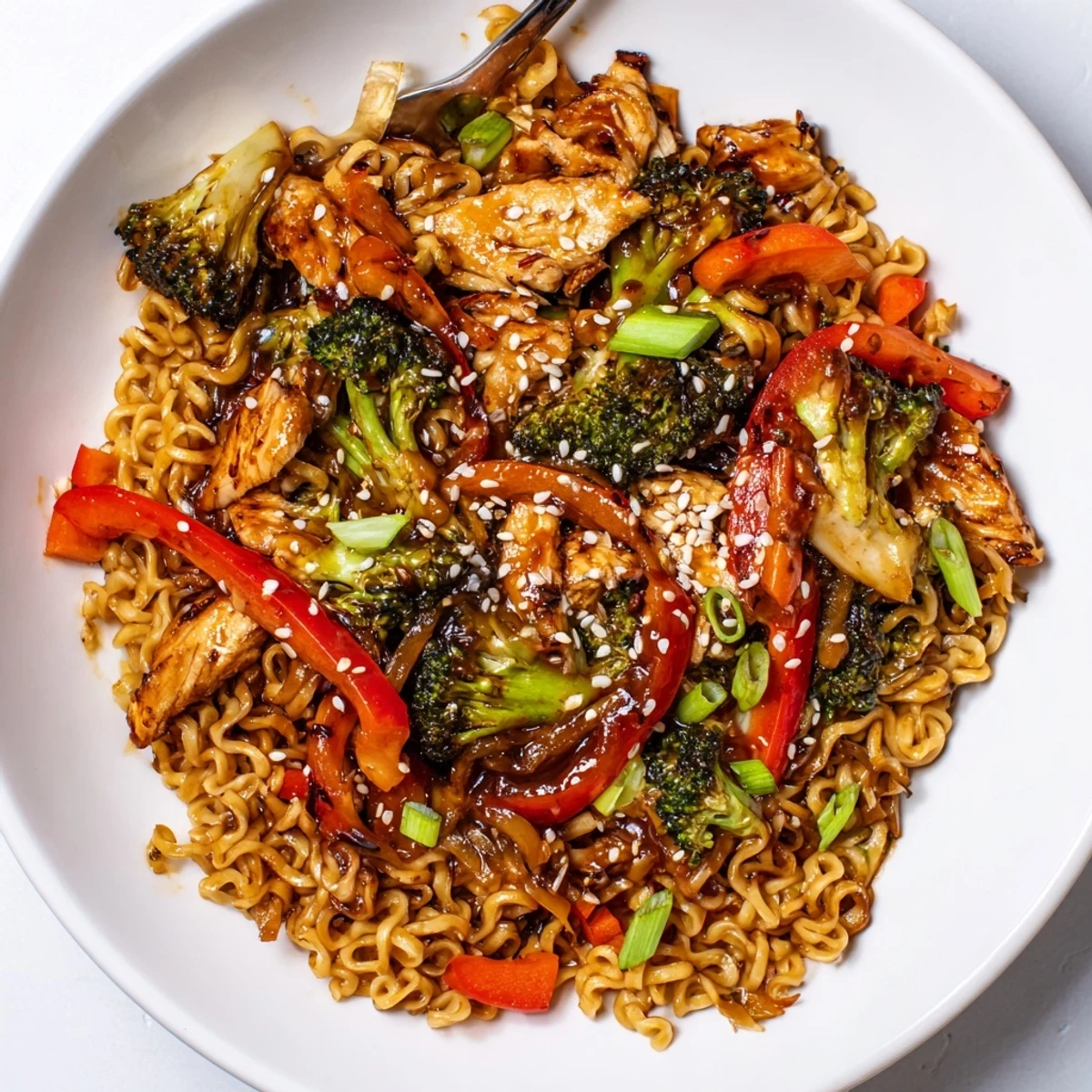 Glistening Chicken Ramen Stir Fry tossed with crisp bell peppers and broccoli
