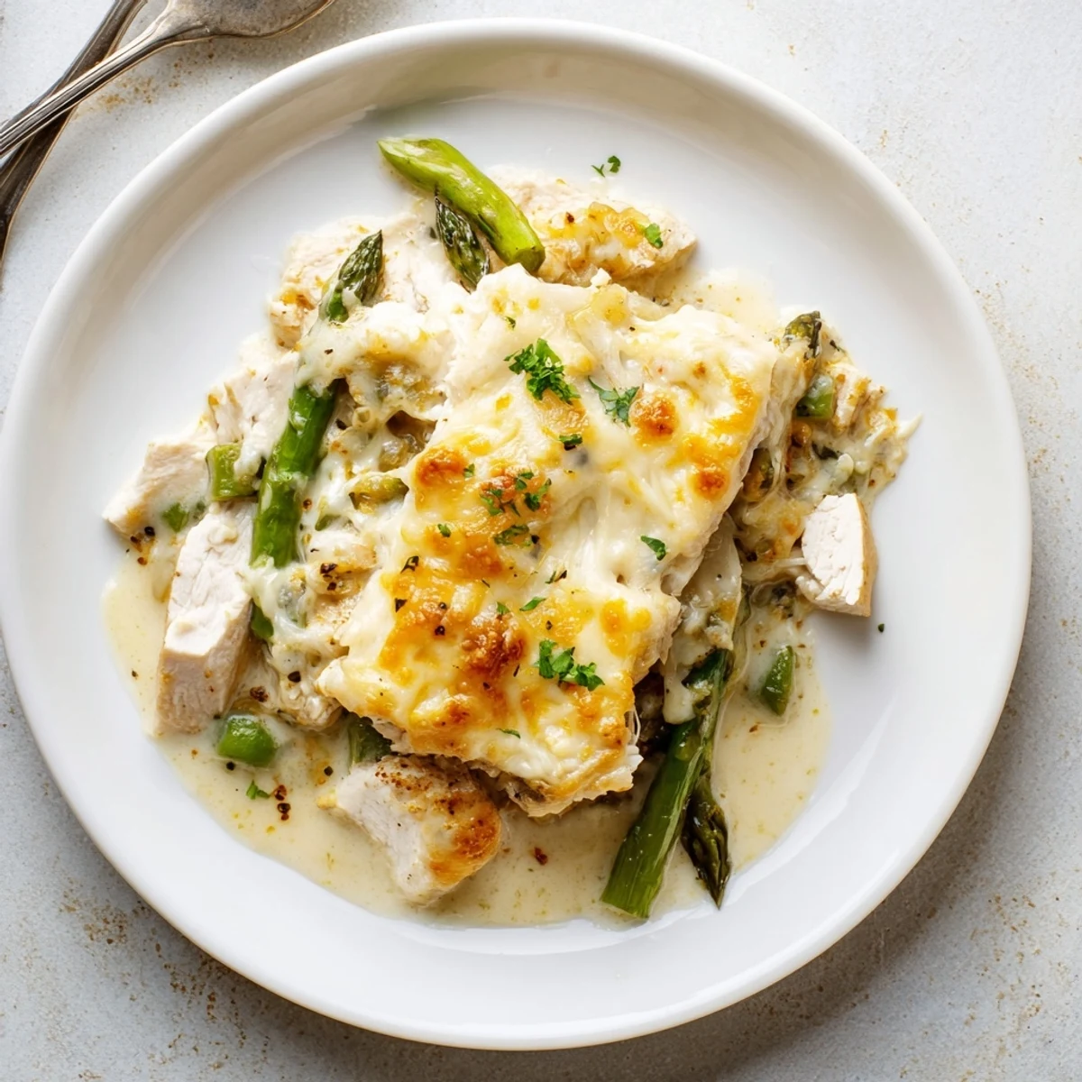 Creamy Chicken Asparagus Bake bubbling golden, tender chicken and crisp asparagus