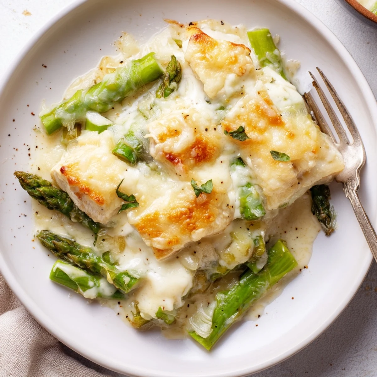 Fork-ready Creamy Chicken Asparagus Bake with aromatic thyme, garlicky onions, parsley garnish