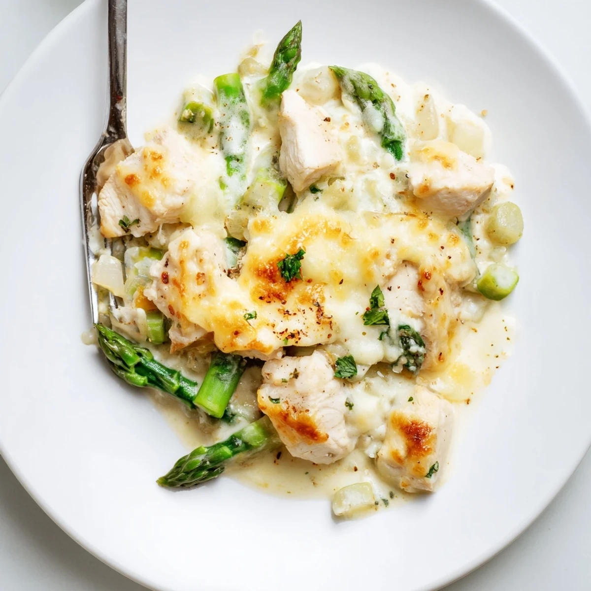 Serve Creamy Chicken Asparagus Bake hot, smothered in creamy sauce and Parmesan