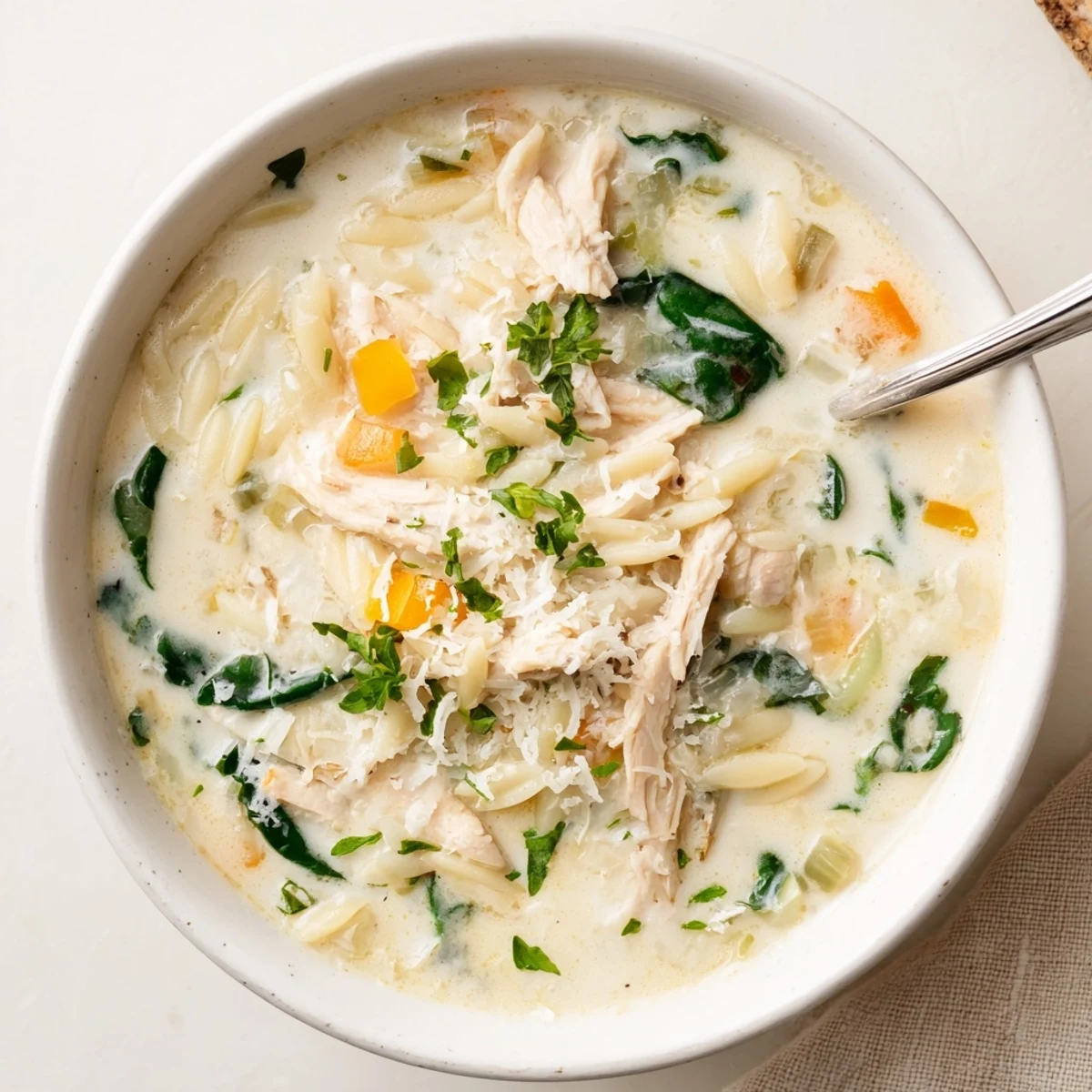 Creamy Chicken Florentine Soup With Orzo steaming in bowl, tender chicken visible