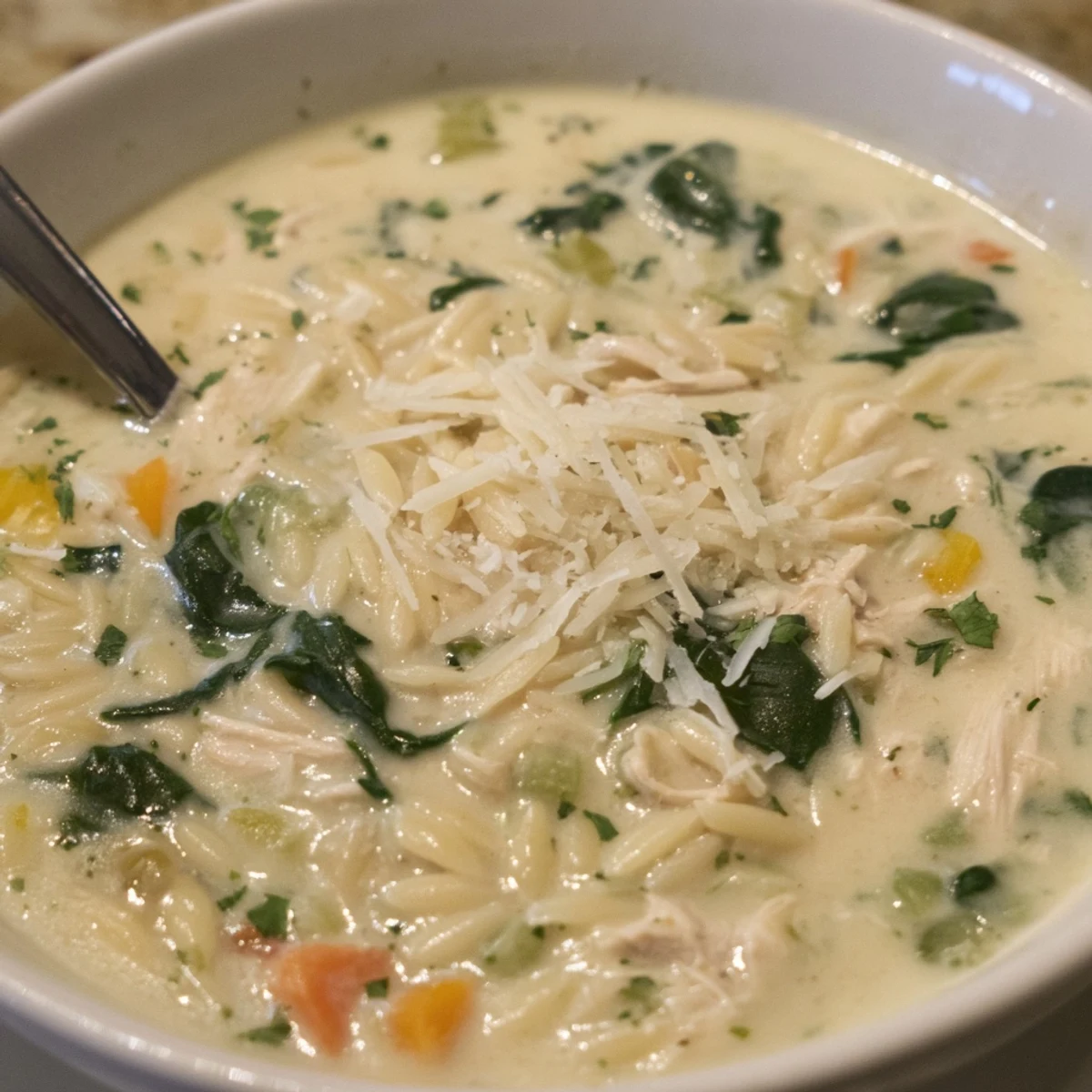 Bowl of Creamy Chicken Florentine Soup With Orzo topped with Parmesan