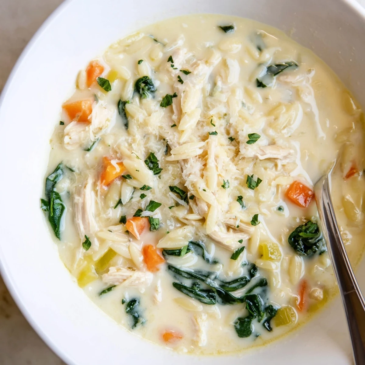 Hearty Creamy Chicken Florentine Soup With Orzo ladled beside crusty bread