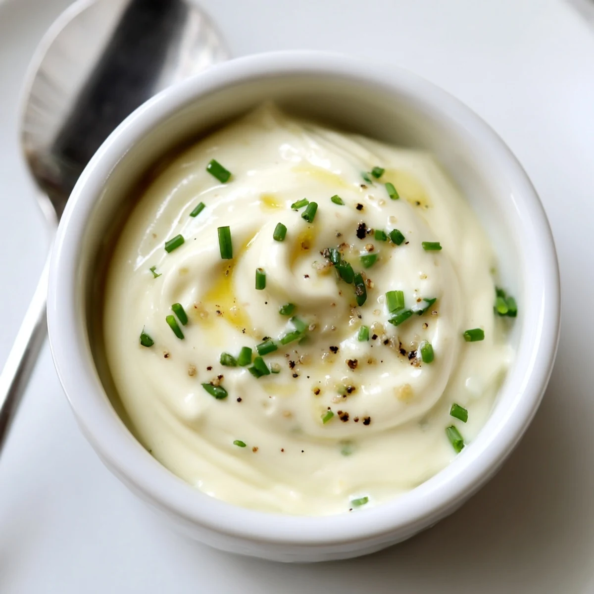 Creamy Tangy Sauce spooned into ramekin, velvety mouthfeel and chopped herbs.
