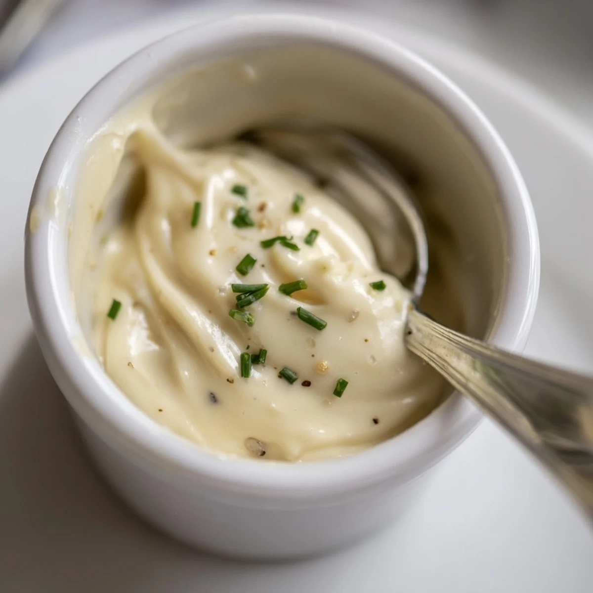 Bowl of Creamy Tangy Sauce for dipping roasted vegetables, zesty garlic aroma.