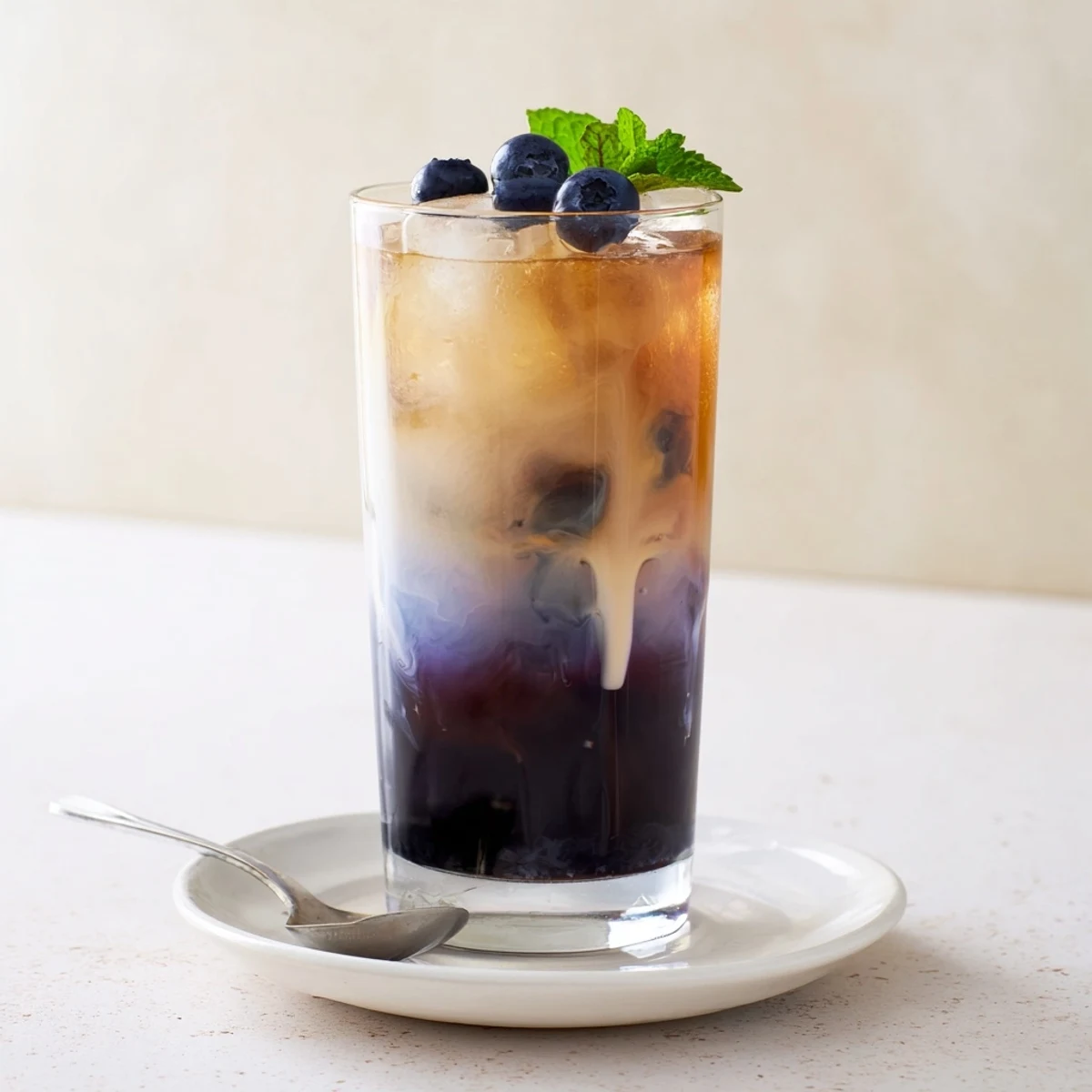 Blueberry Milk Tea Cooler in tall glass with ice, fresh mint garnish