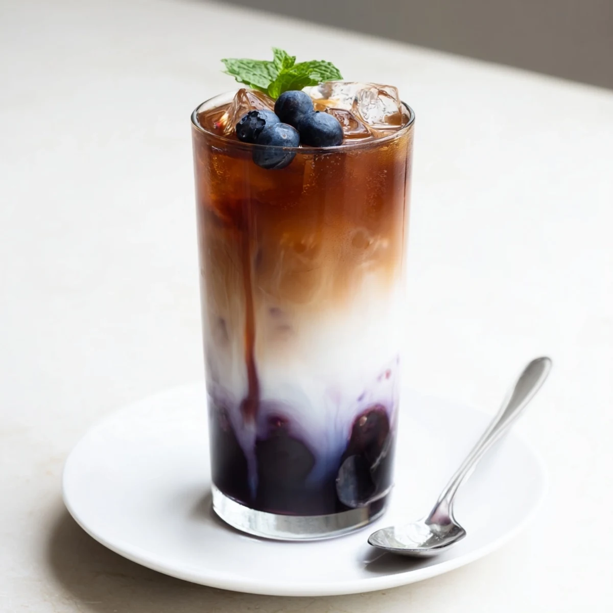 Glass of Blueberry Milk Tea Cooler, creamy tea swirled with purple syrup