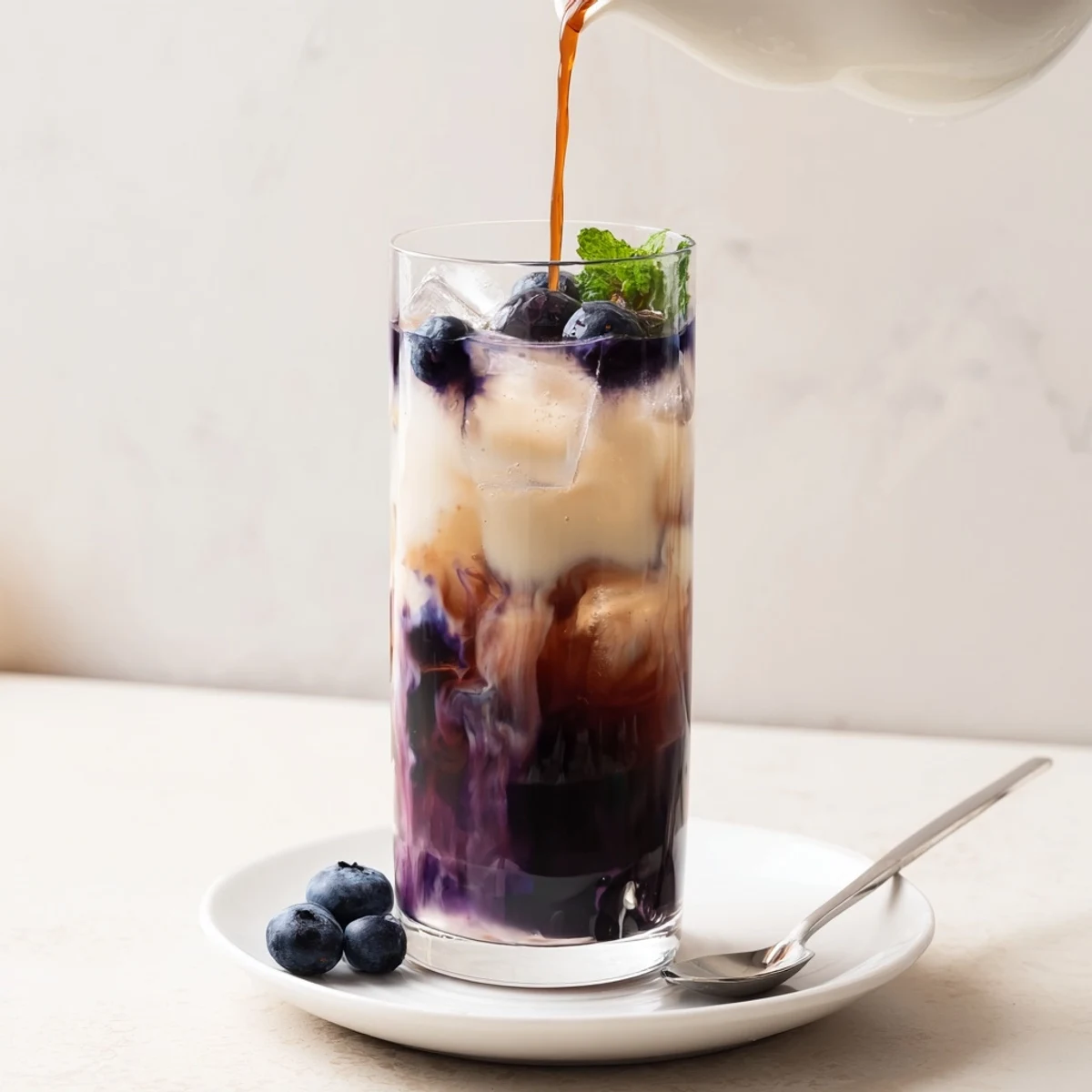 Chilled Blueberry Milk Tea Cooler topped with berries, cold condensation on glass