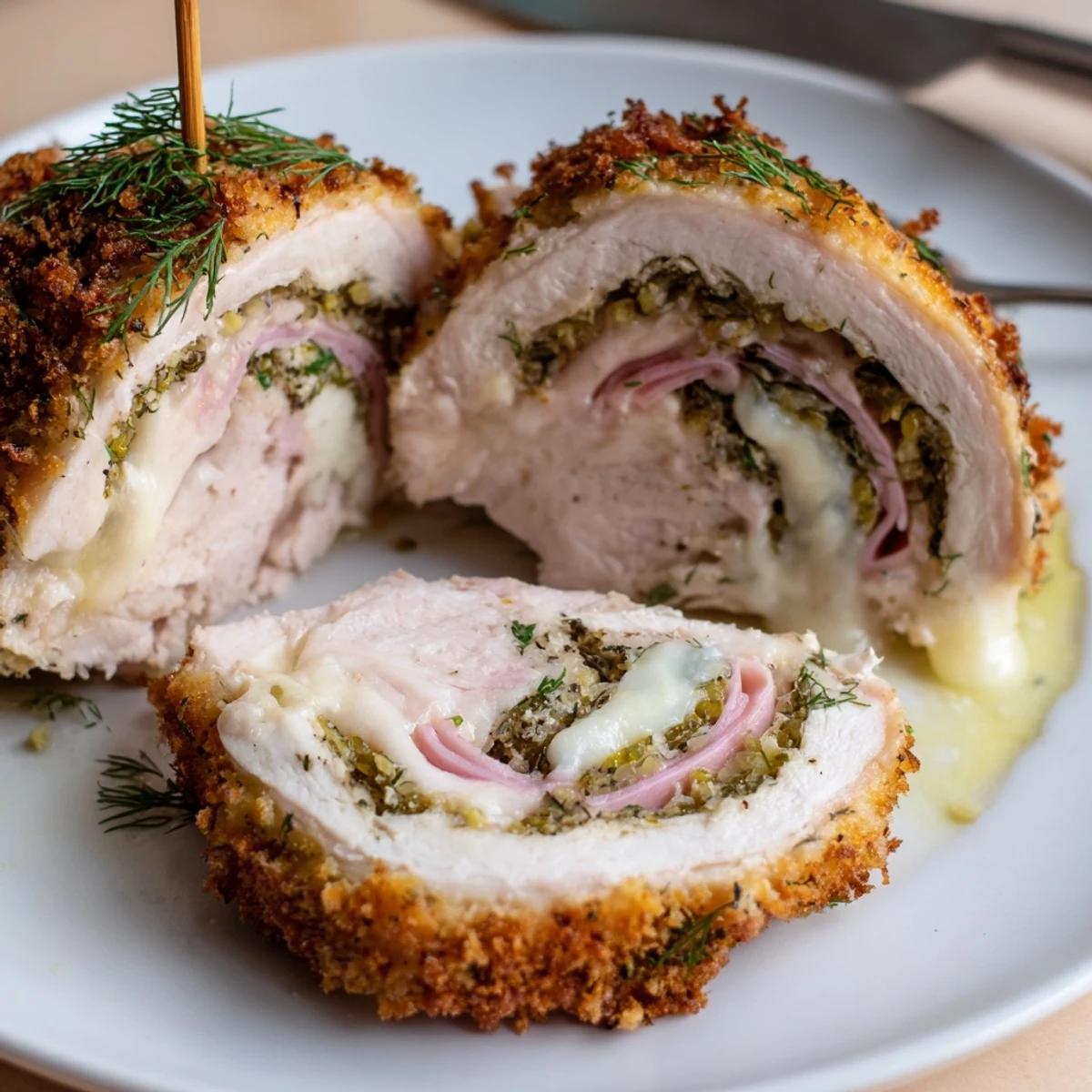 Crispy Pickle Brined Chicken Rolls sliced, golden exterior, melted cheese oozing