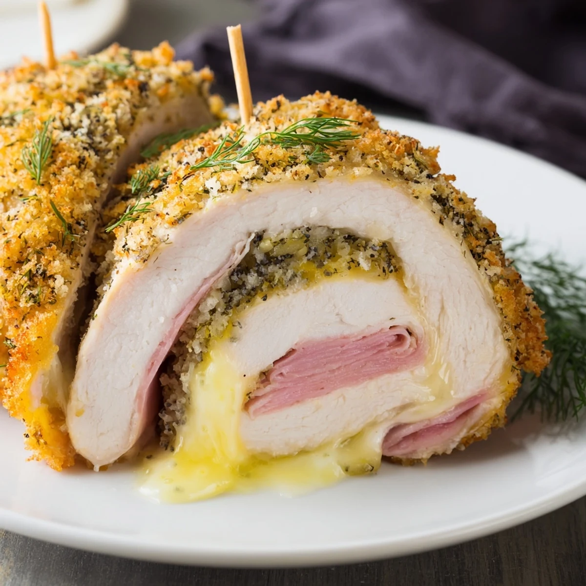 Close-up of a split Crispy Pickle Brined Chicken Rolls revealing herb-studded filling