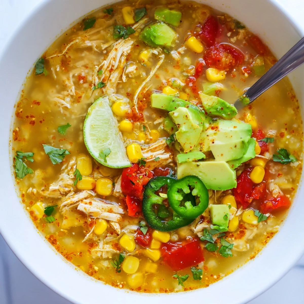 Bowl of Bold Zesty Chicken Lime Soup Recipe with avocado and lime