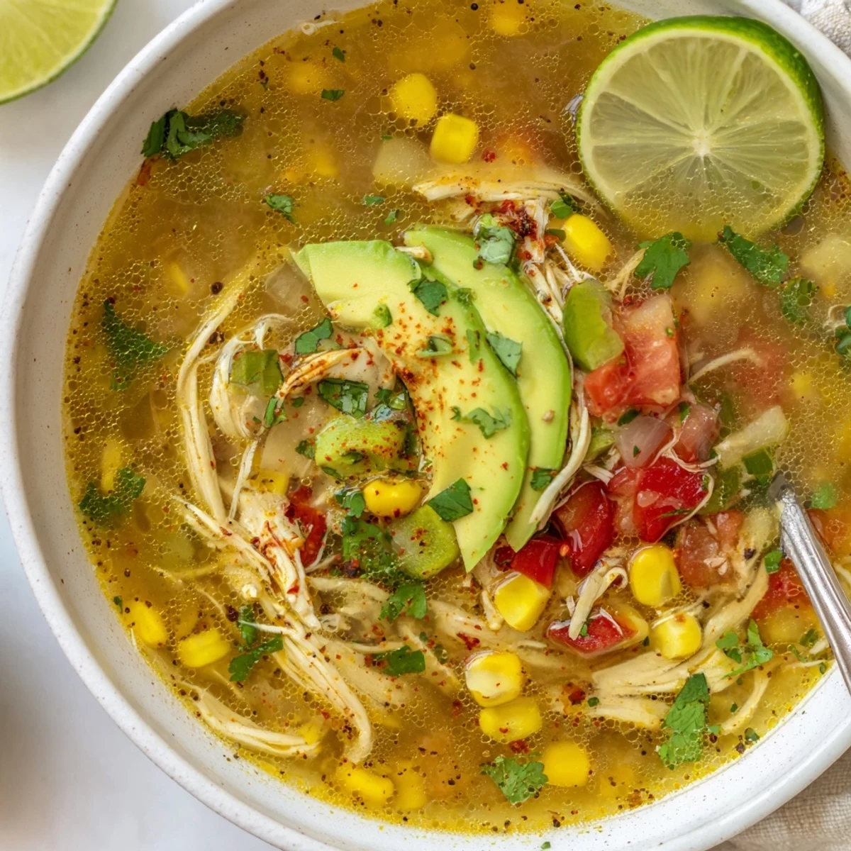 A ladle pouring Bold Zesty Chicken Lime Soup Recipe into bowl, tangy aroma