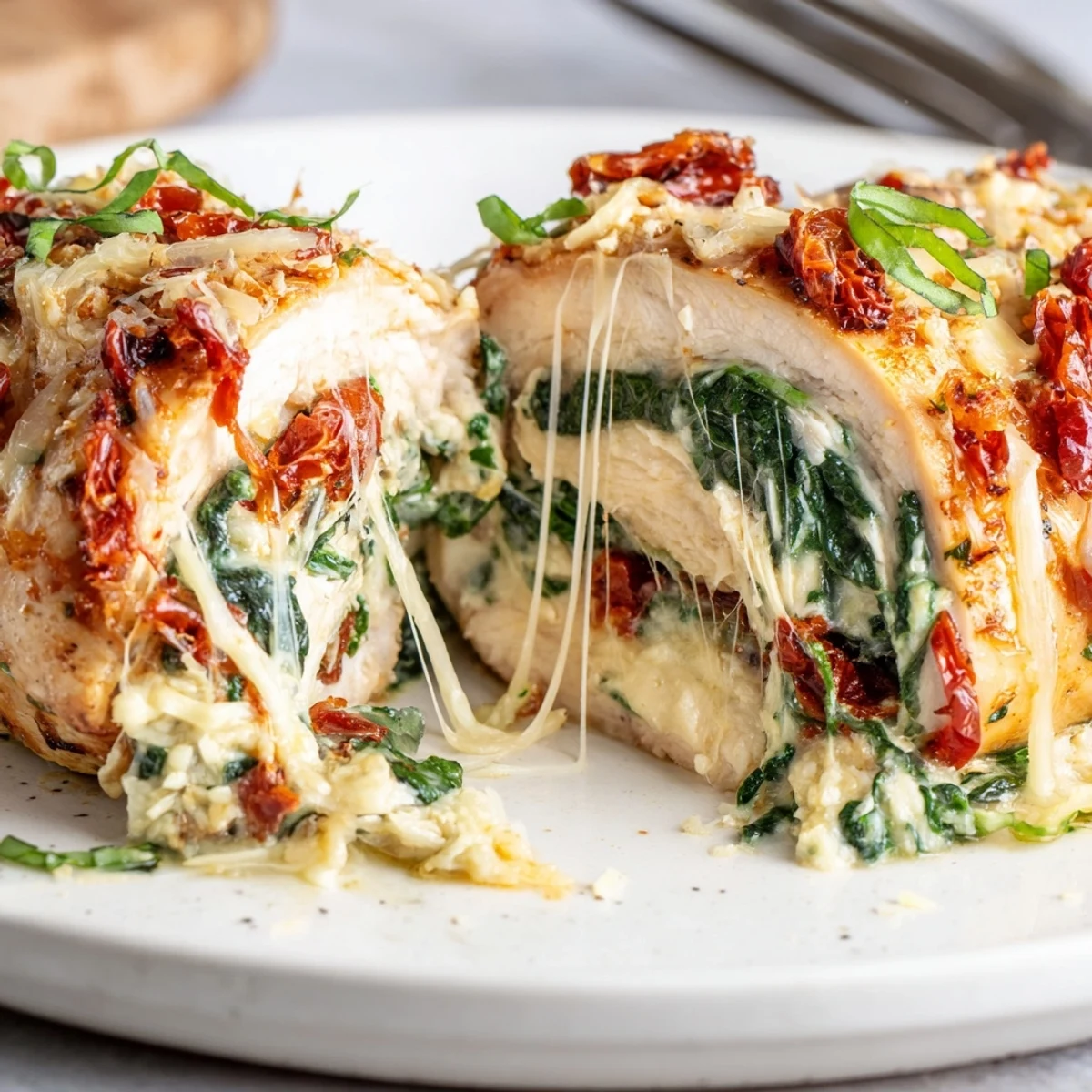 Oven-browned Cheesy Spinach Stuffed Chicken Sun Dried Tomato Flavor, oozing creamy filling  