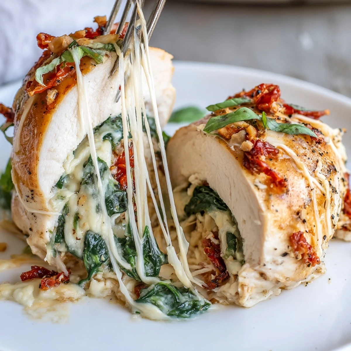 Plated Cheesy Spinach Stuffed Chicken Sun Dried Tomato Flavor with lemon-roasted potatoes