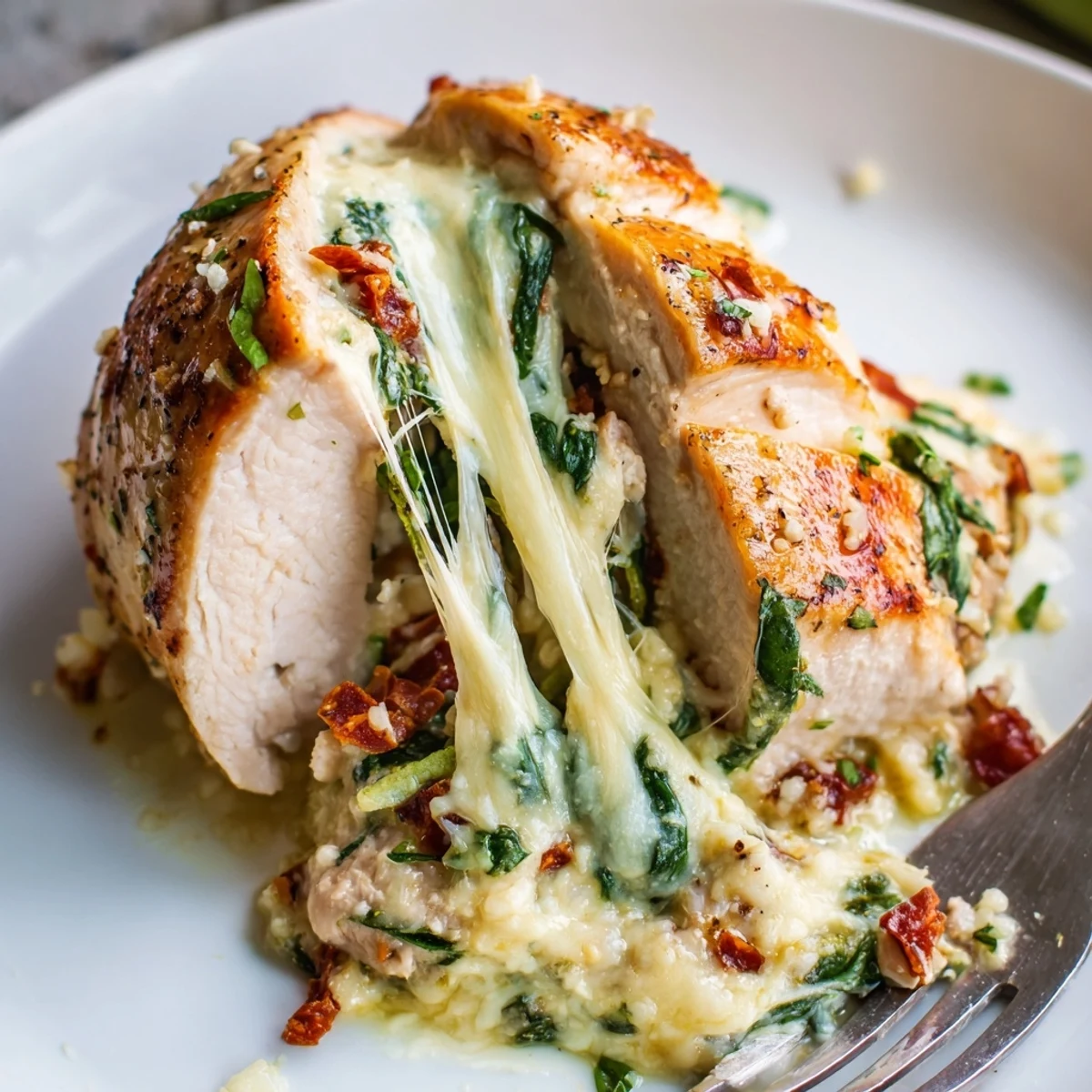 Cheesy Spinach Stuffed Chicken Sun Dried Tomato Flavor, golden sear and melty filling  