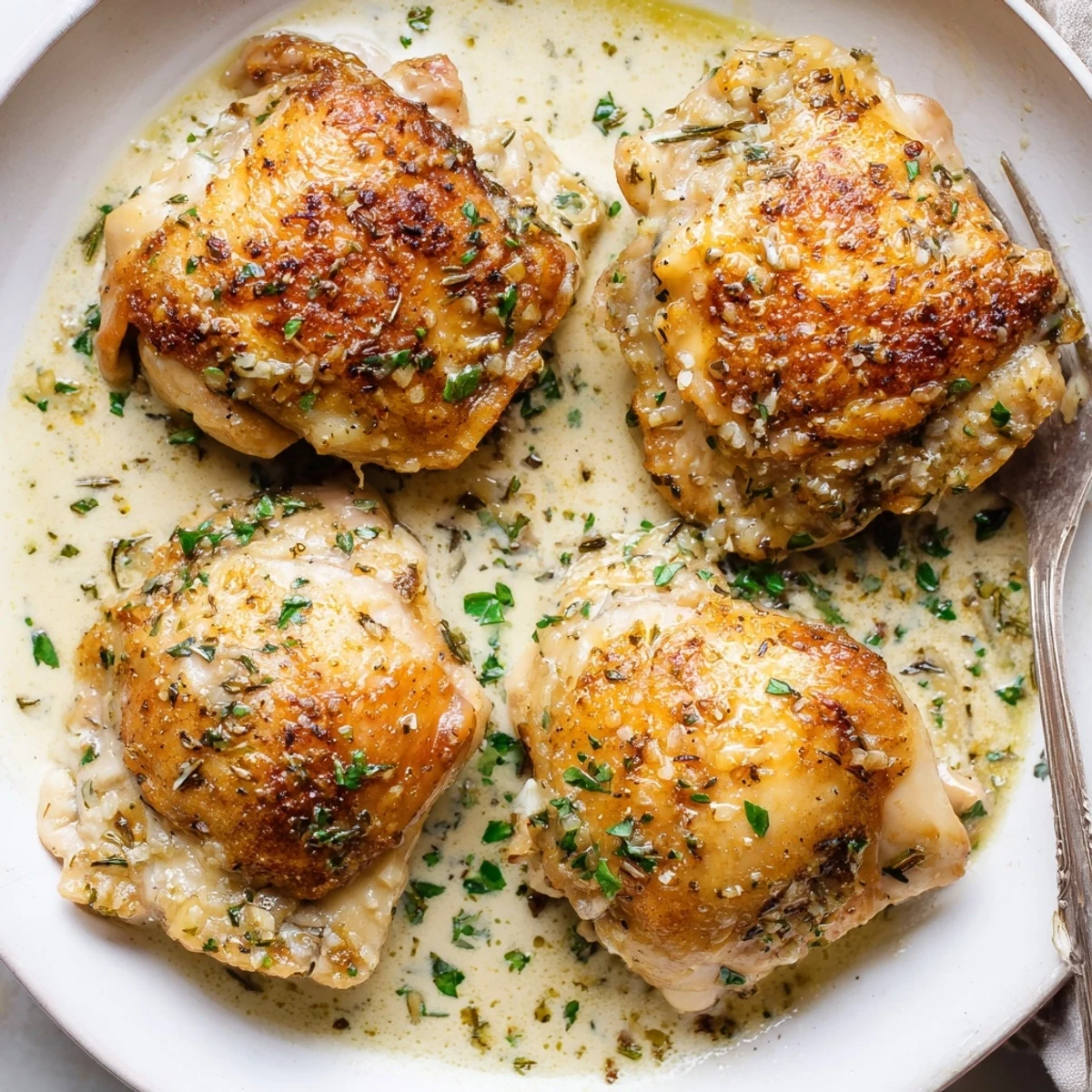 Creamy Garlic Chicken Thighs With Herbs sizzling in golden pan, sauce glistening