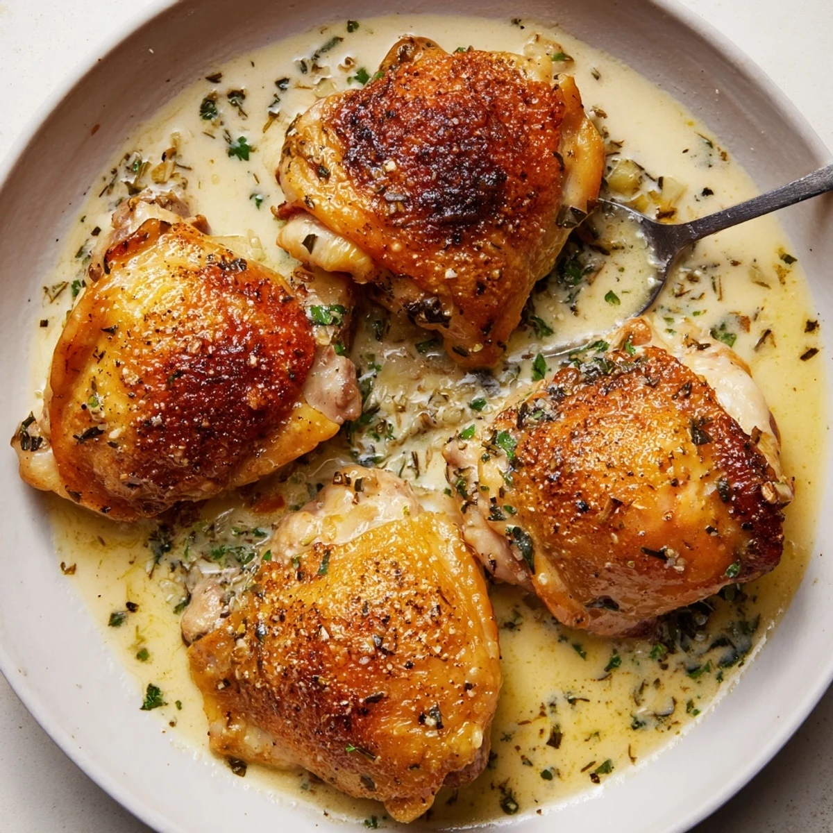 Creamy Garlic Chicken Thighs With Herbs thick, fragrant cream sauce topped with parsley