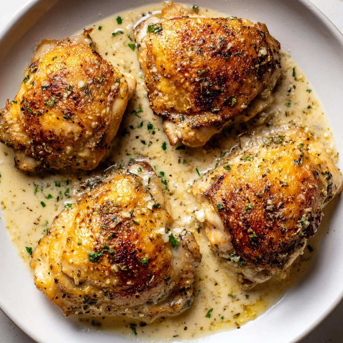 Creamy Garlic Chicken Thighs With Herbs spooned over fluffy mashed potatoes