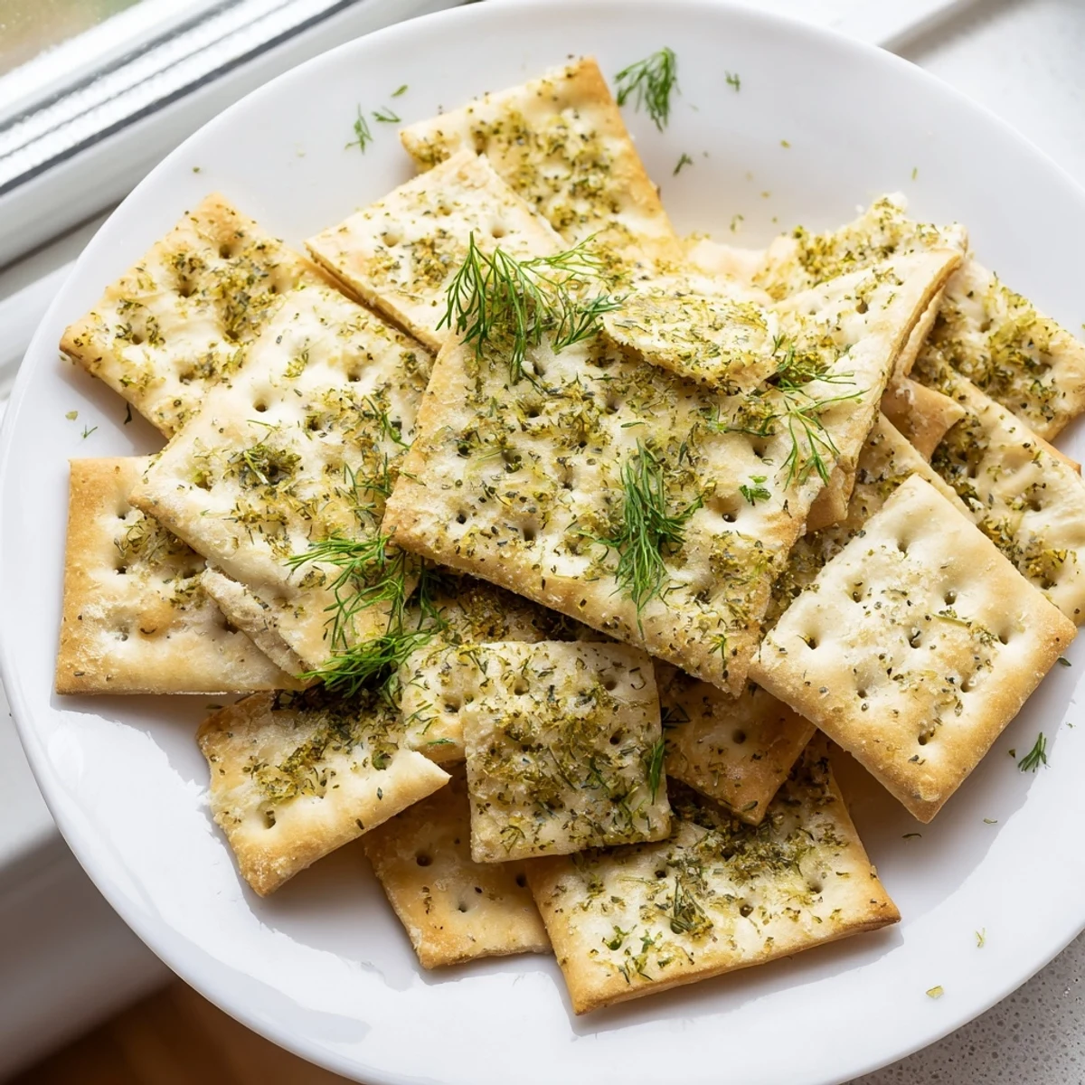 Dill Pickle Saltines Recipe: crispy, tangy crackers cooling on parchment, garnished with dill