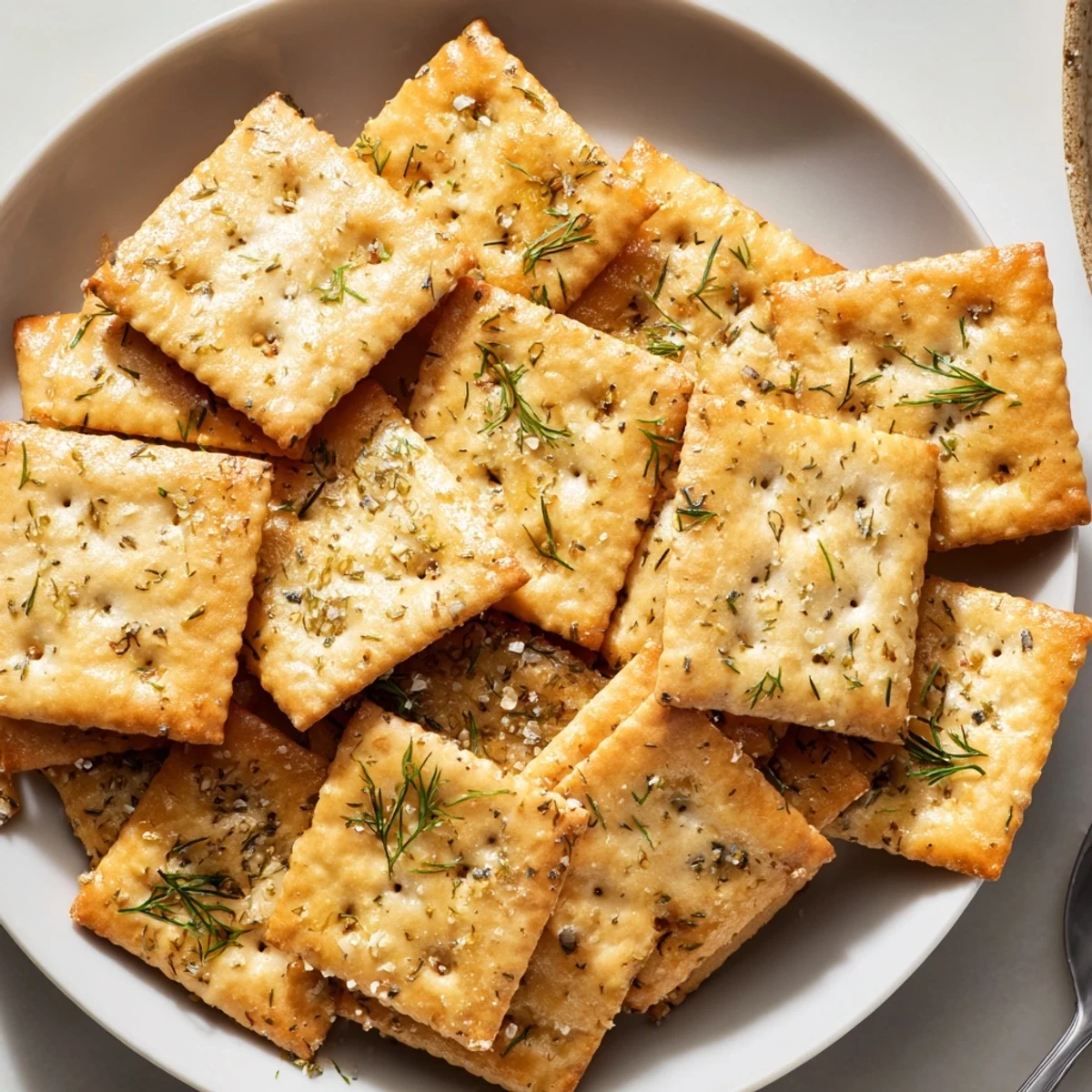 Close-up of crispy Dill Pickle Saltines Recipe dusted with dill, garlicky aroma