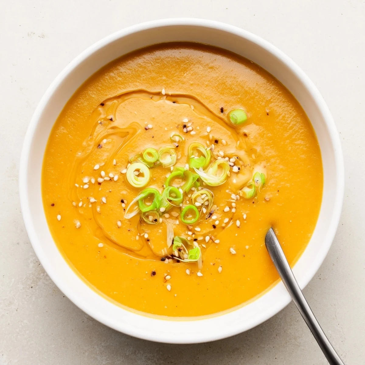 Carrot Ginger Miso Soup Recipe ladled into bowls, sprinkled with toasted sesame.