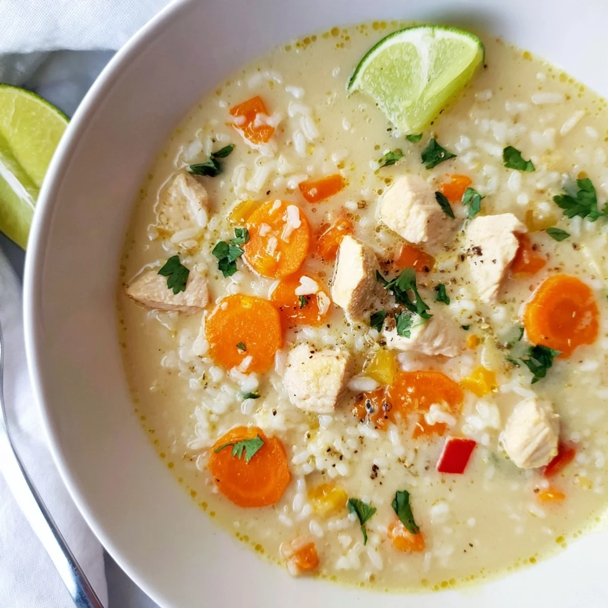 Golden Coconut Chicken Rice Soup steaming in a bowl, creamy turmeric aroma